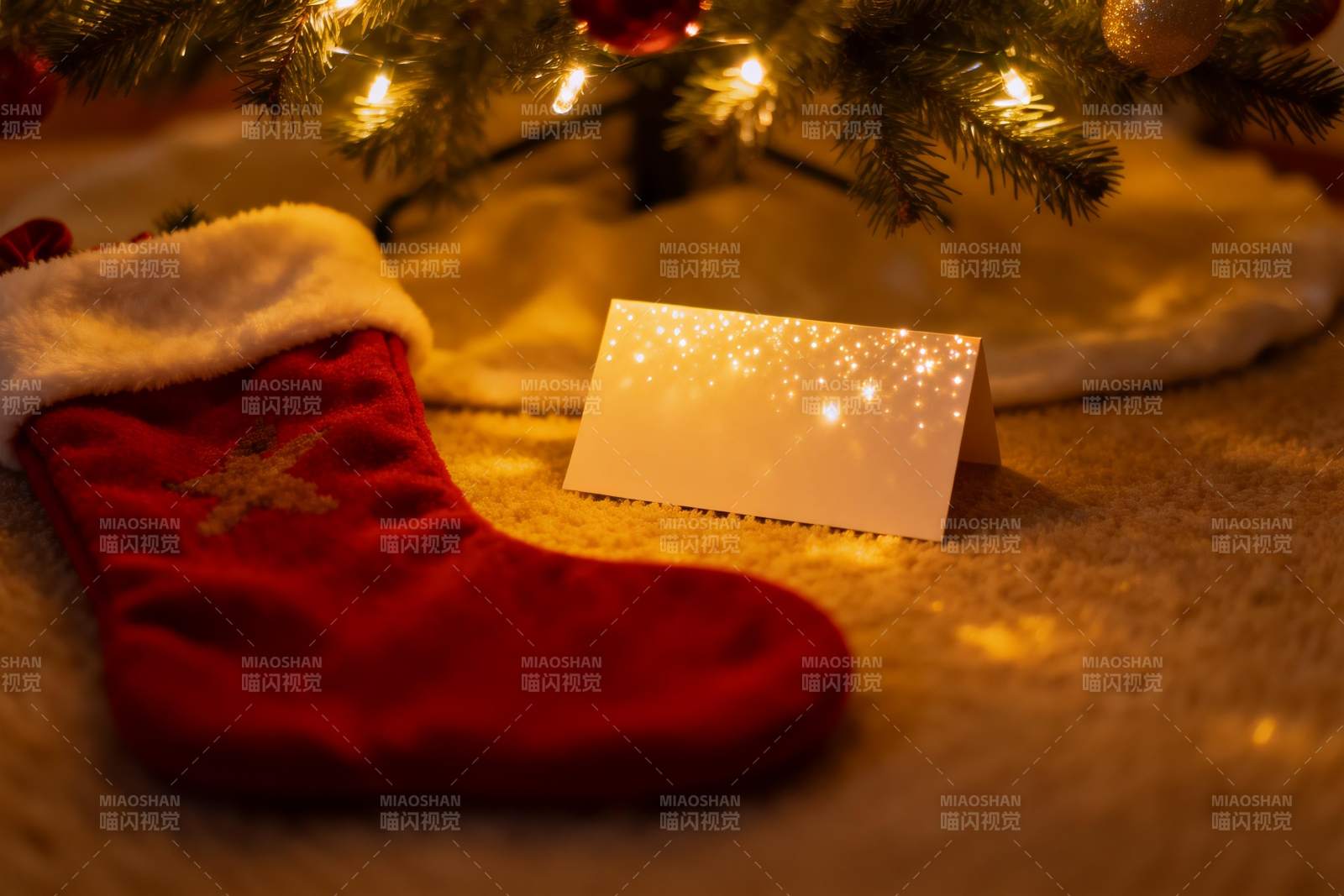 圣诞树下红色袜子与卡片图片
