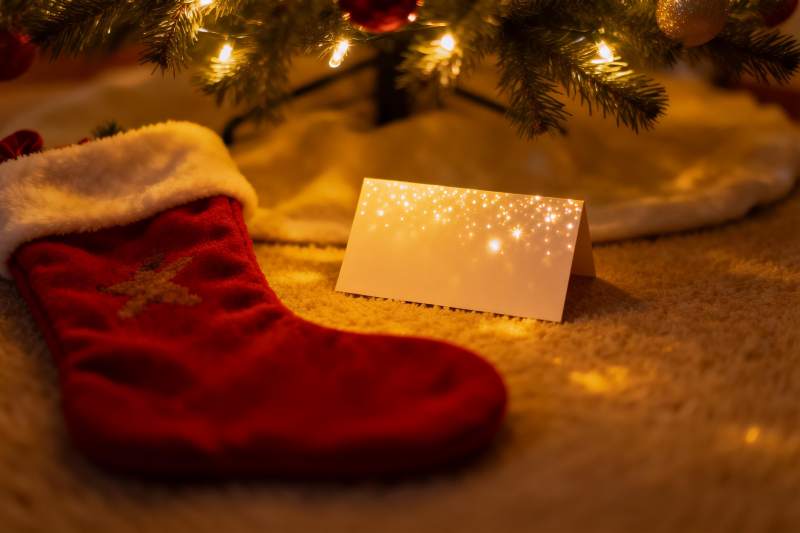 圣诞树下红色袜子与卡片图片