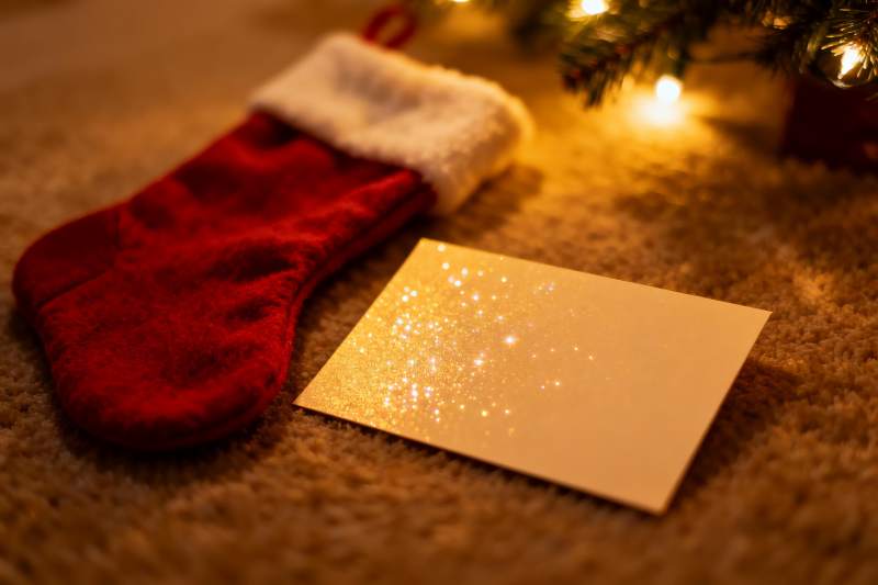 圣诞袜与闪亮卡片温馨场景图片