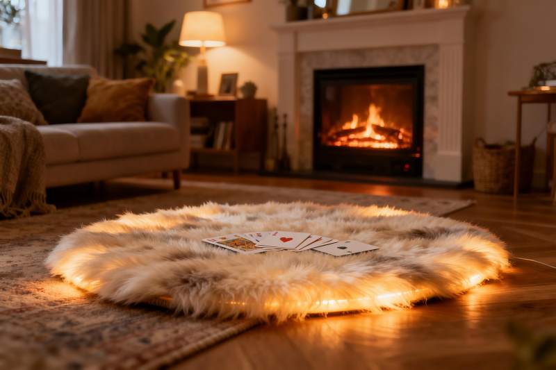 温暖客厅火炉旁的毛毯与扑克图片