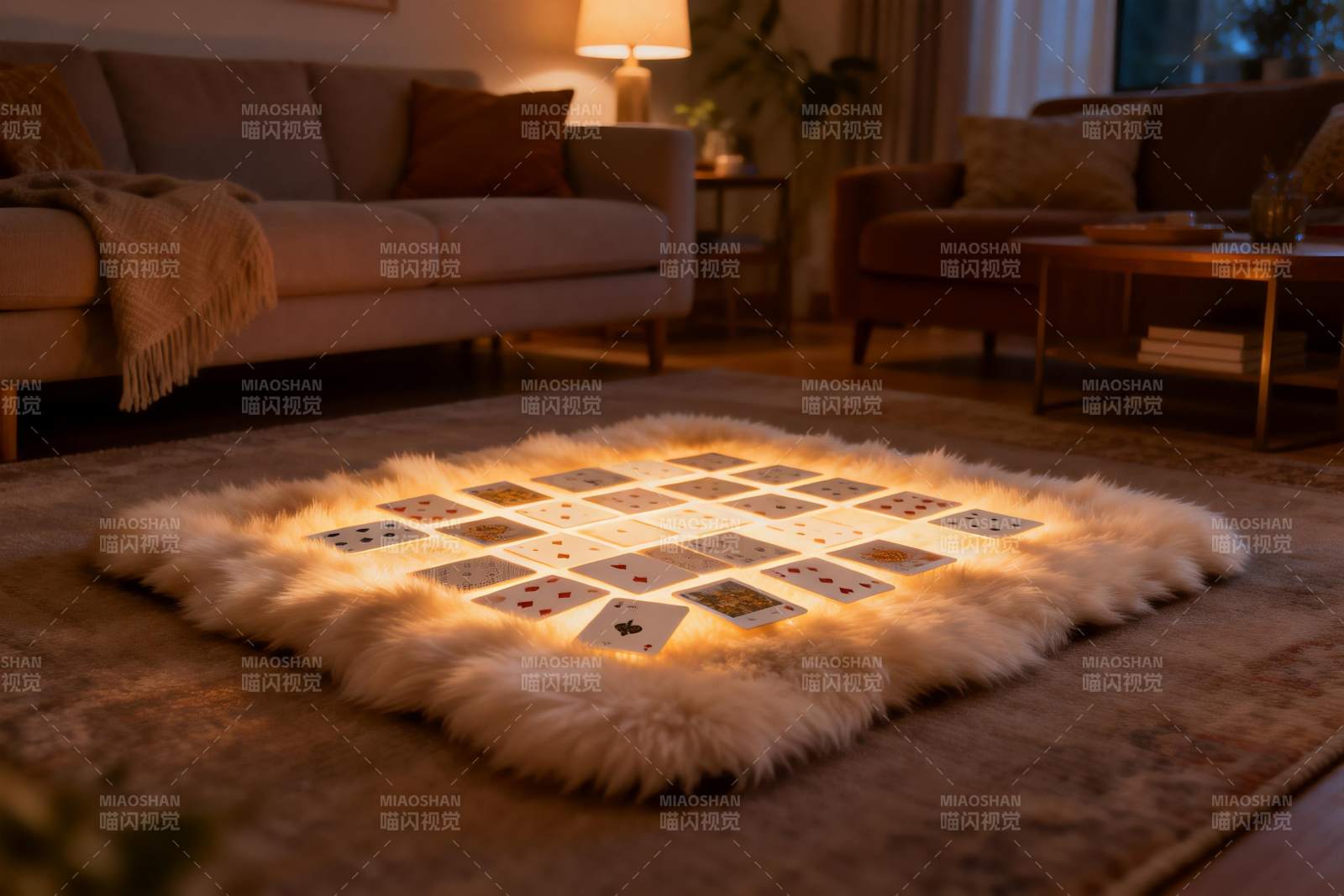 温暖客厅中的发光纸牌游戏图片
