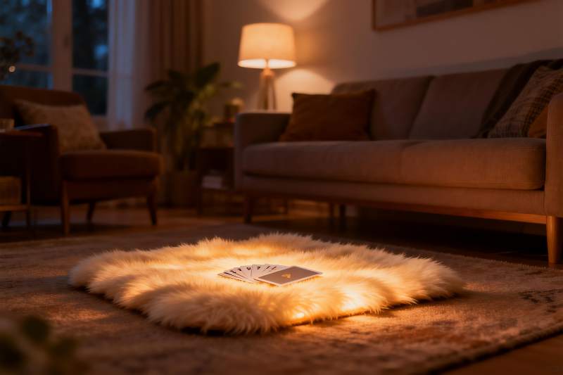 温馨客厅地毯上的卡片与灯光图片