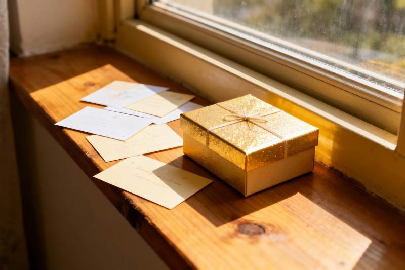 窗台上的金色礼盒与卡片图片