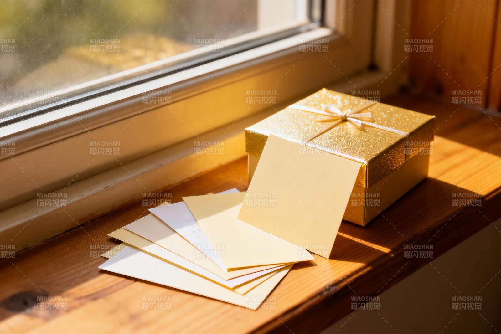 窗台上的金色礼盒与信纸图片