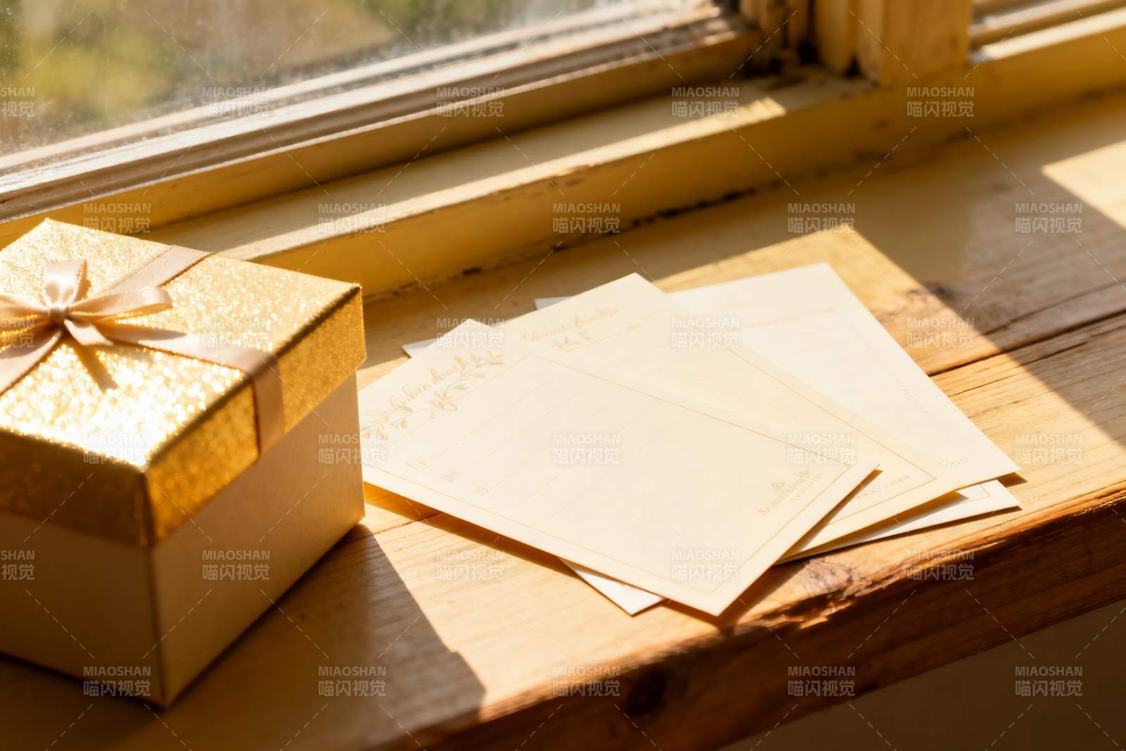 窗台上的金色礼盒与信纸图片