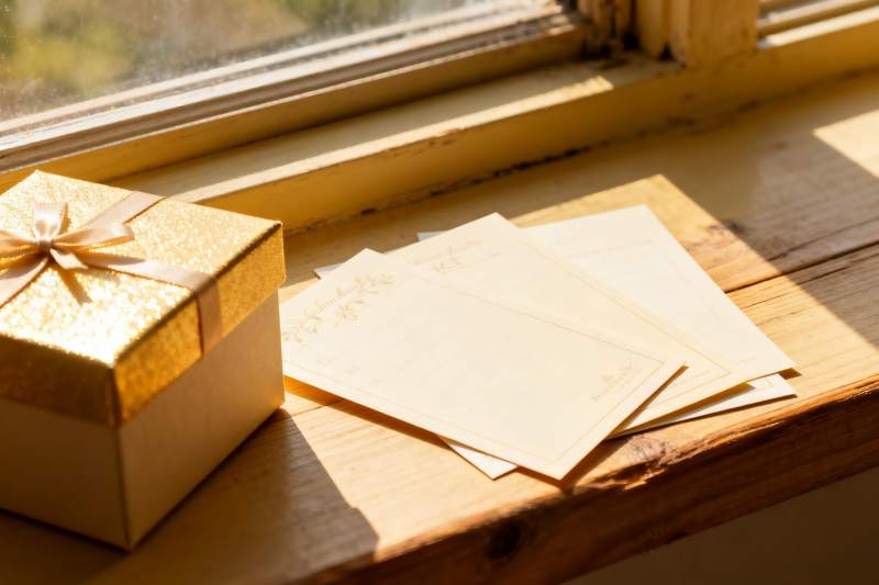 窗台上的金色礼盒与信纸图片