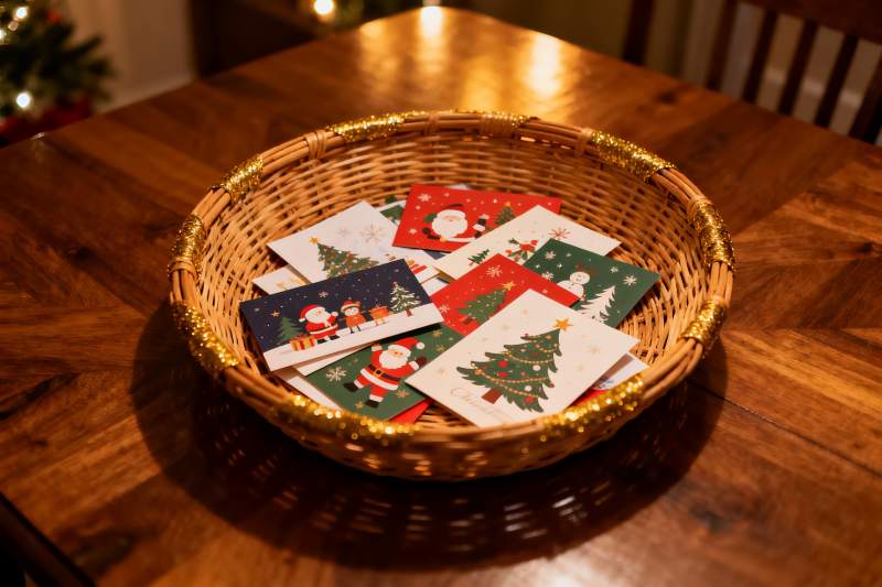 圣诞卡片篮摆放在木质桌上图片