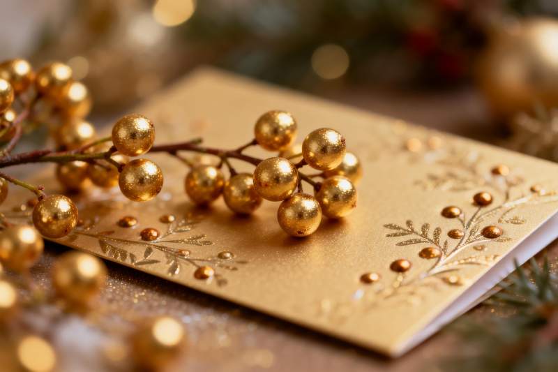 金色圣诞贺卡与装饰果实图片