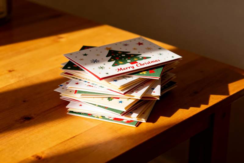 圣诞贺卡堆叠木桌光影图片