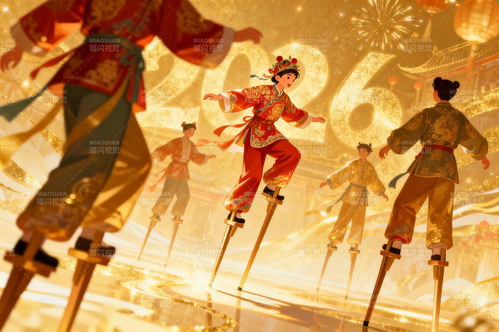 新年庆典踩高跷表演图片