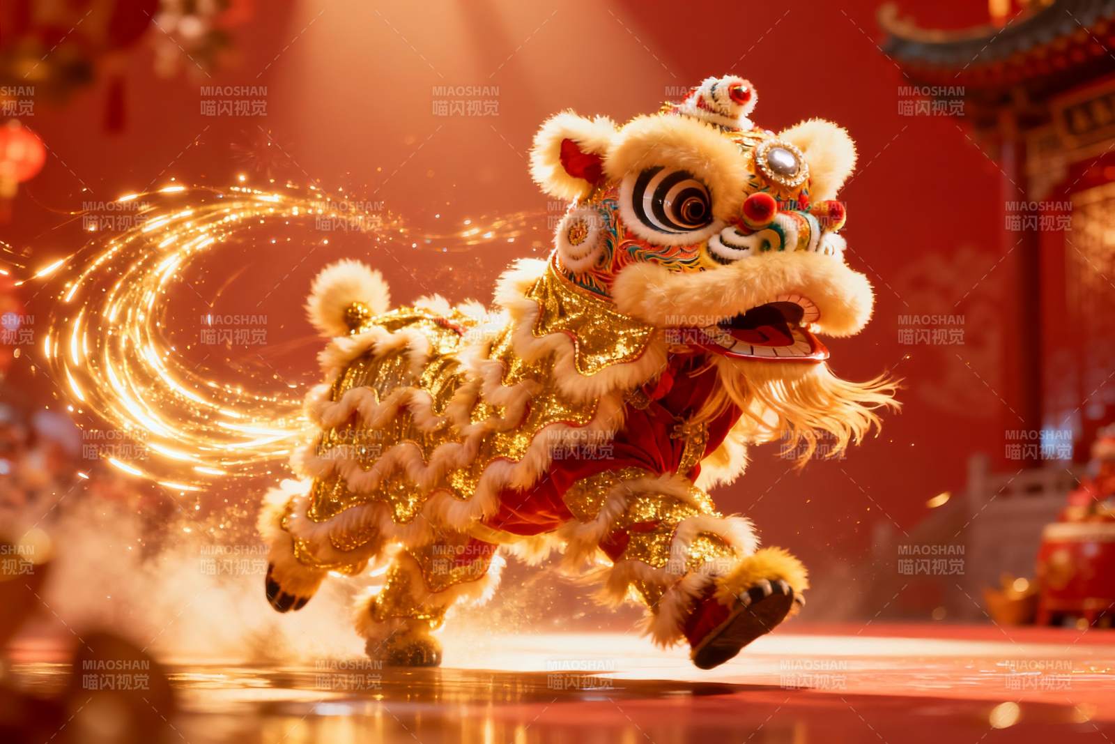 金色舞狮表演光影璀璨图片