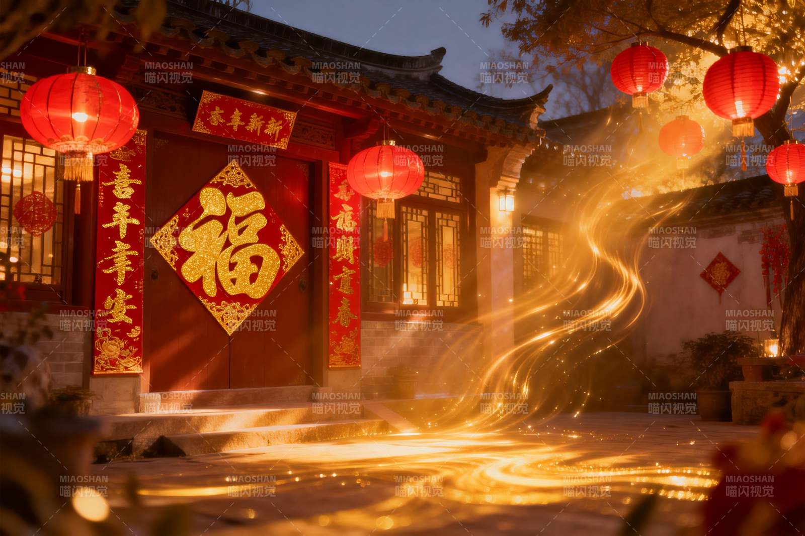 夜色庭院挂红灯笼图片