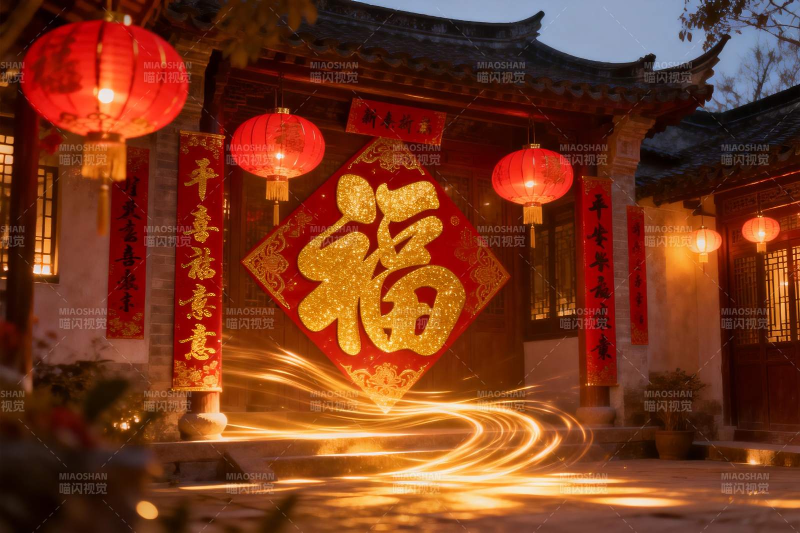 古建筑前挂红灯笼新年装饰图片