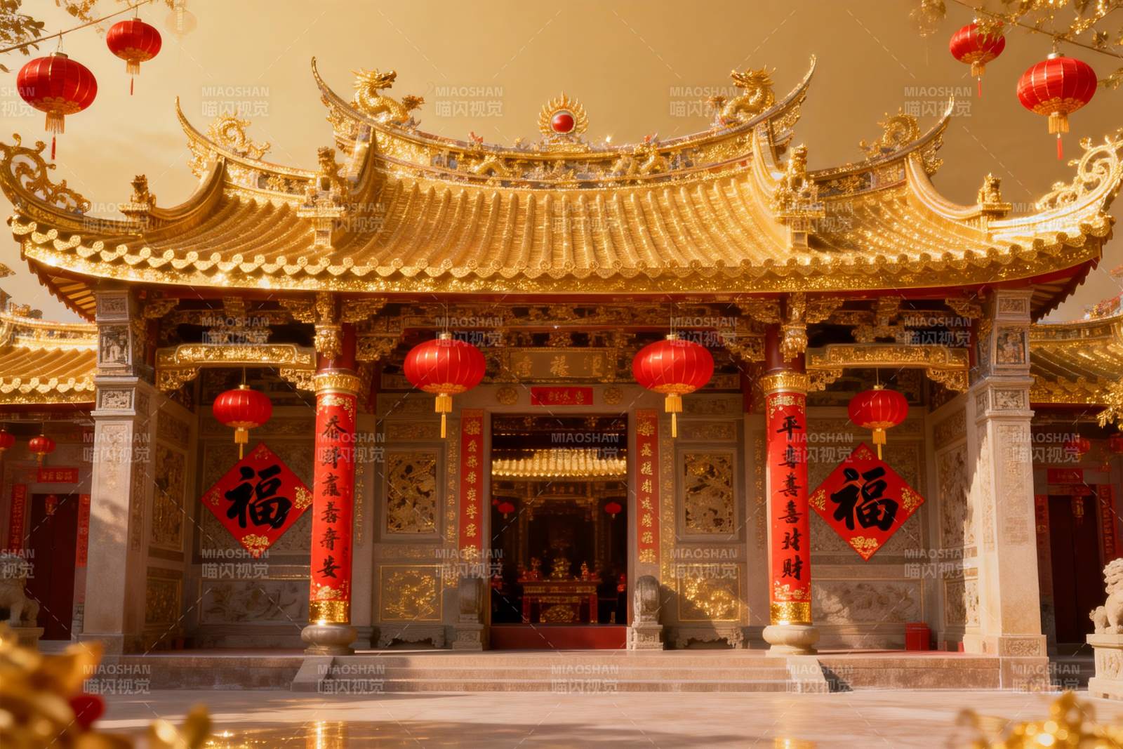 金色庙宇红灯笼高挂图片