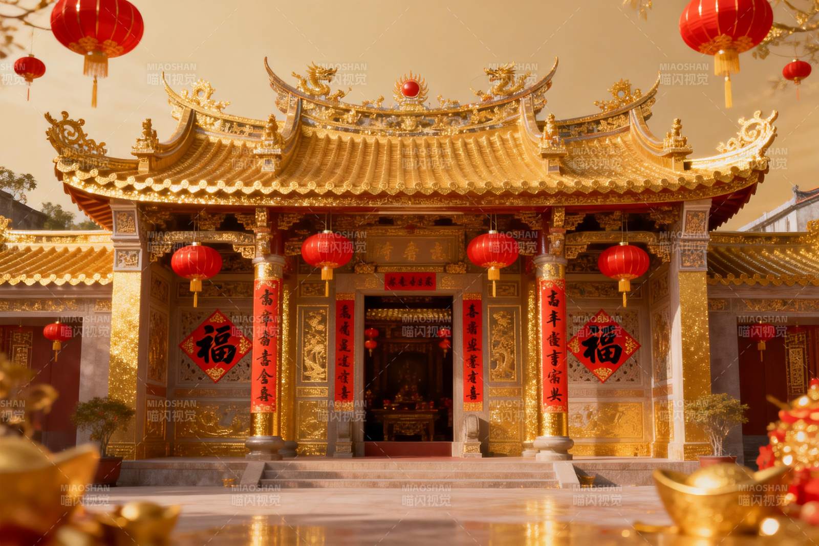 金色寺庙建筑与红色灯笼图片