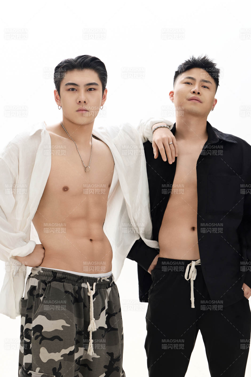 年轻帅气的肌肉健美亚洲男性双人形象图片