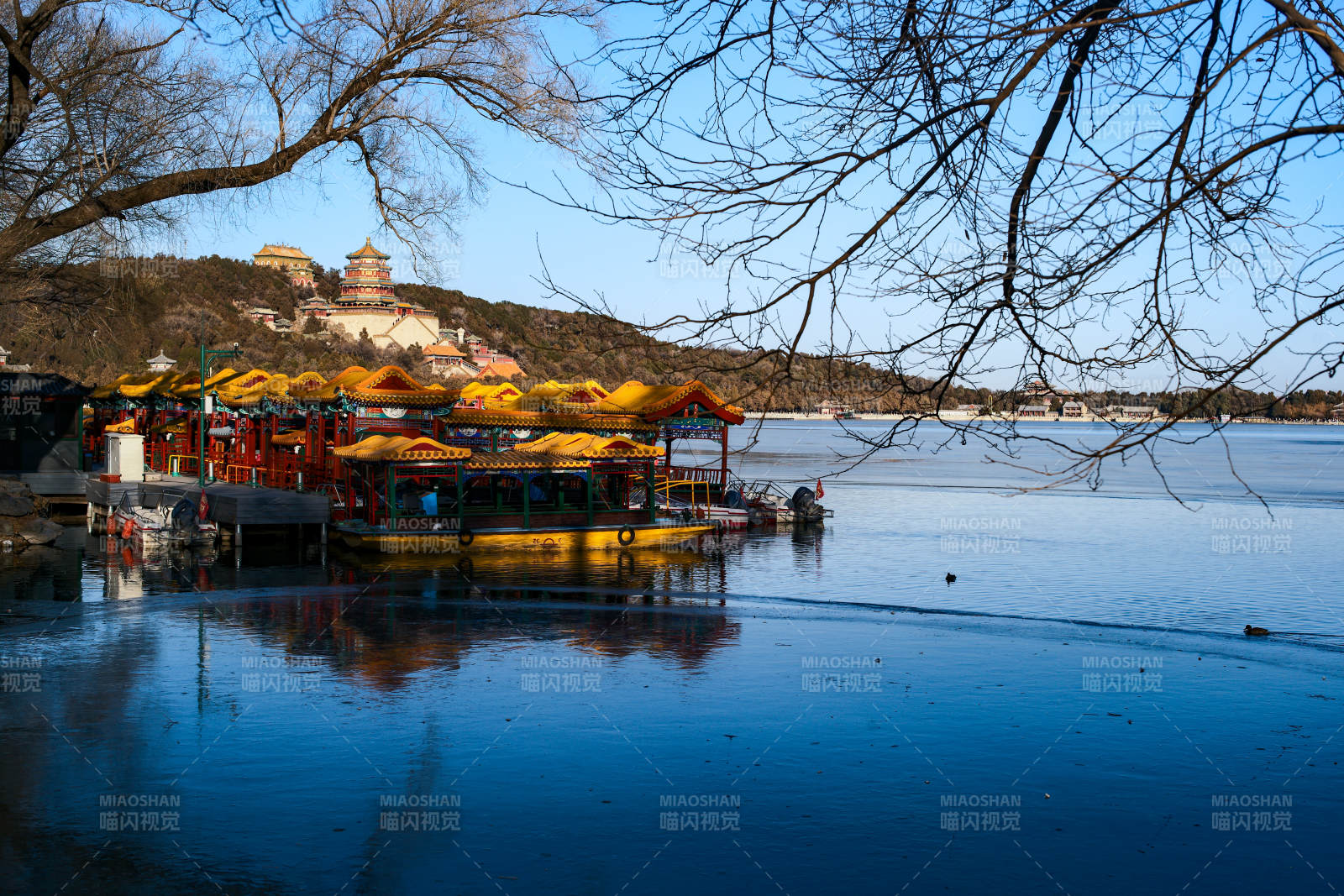 颐和园湖畔游船静泊图片