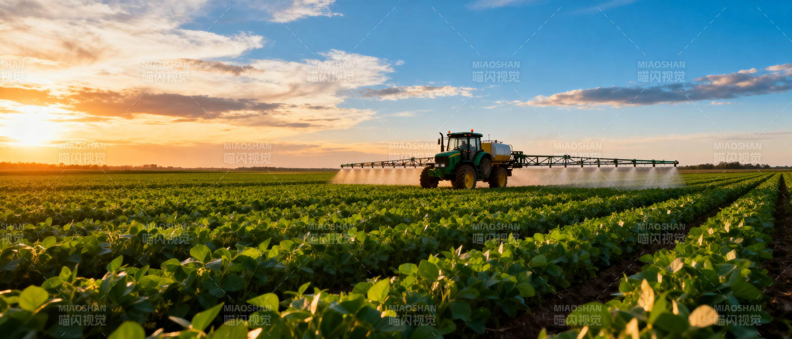 夕阳下农田喷洒作业图片