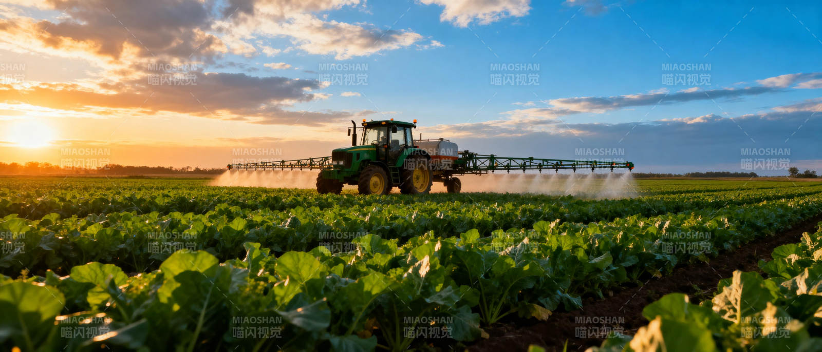 夕阳下喷洒农田图片
