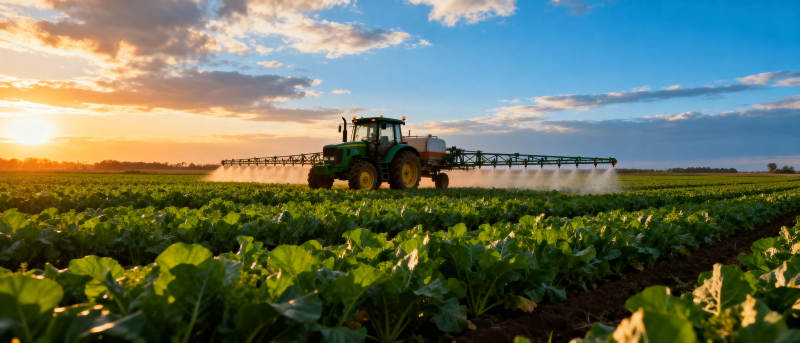 夕阳下喷洒农田图片