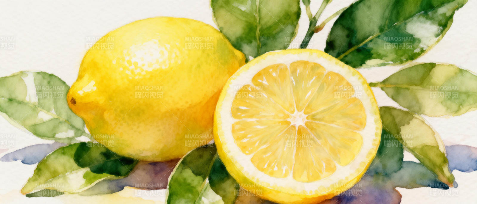 柠檬与绿叶水彩画图片