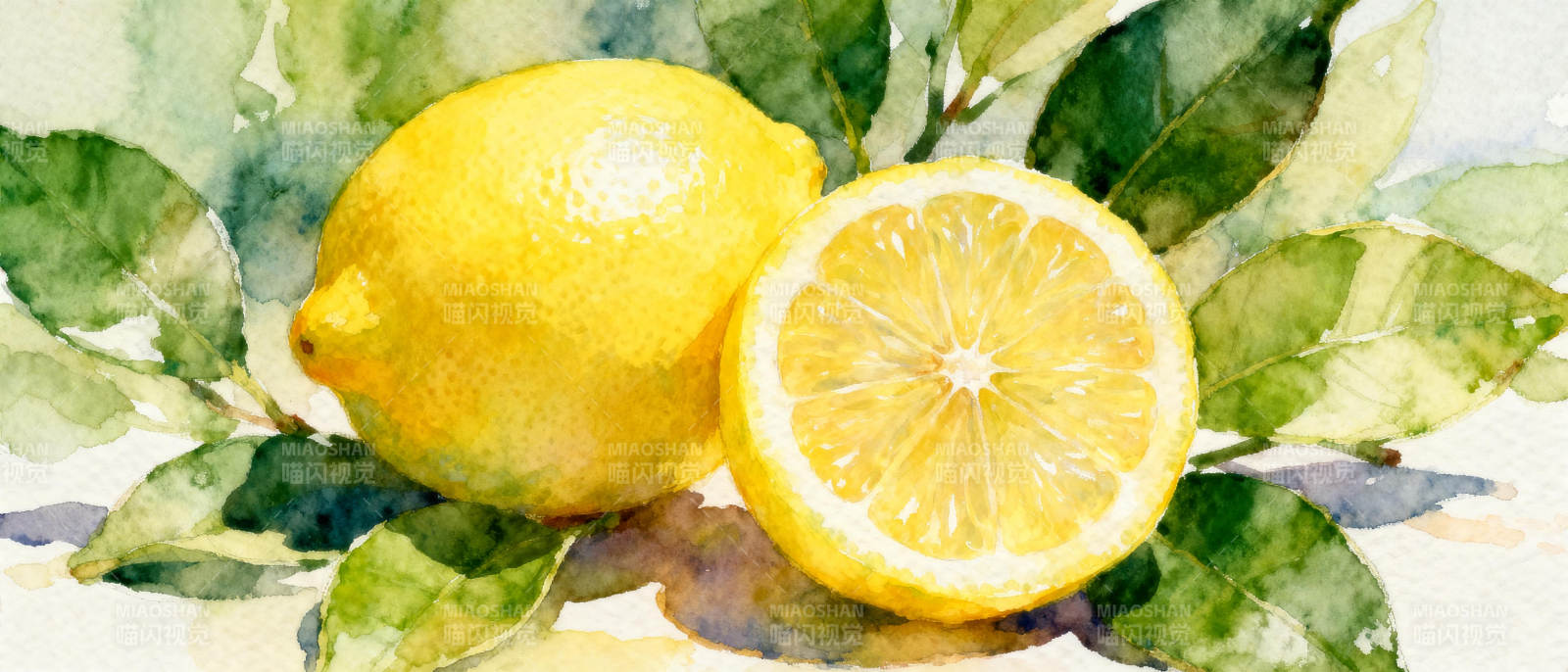柠檬与绿叶水彩画图片