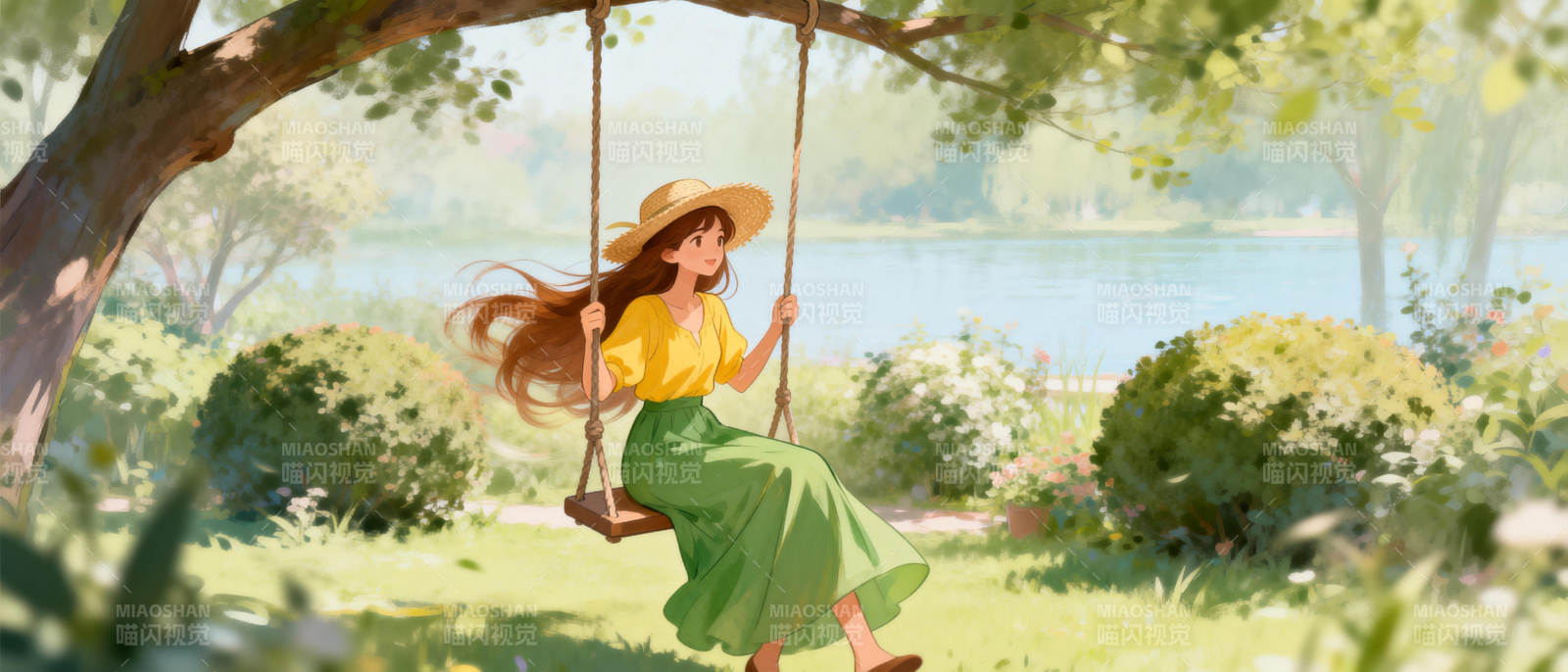 湖畔秋千少女图片