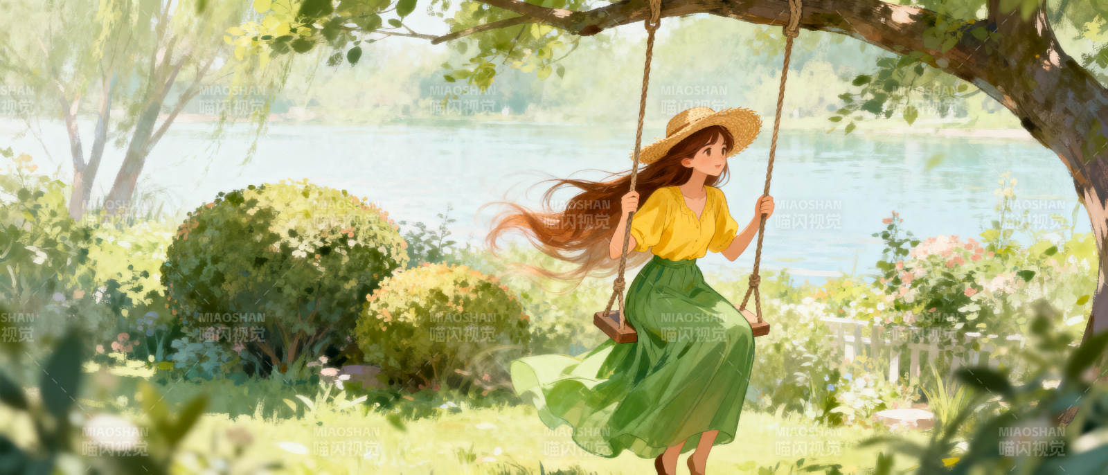 湖畔秋千少女图片