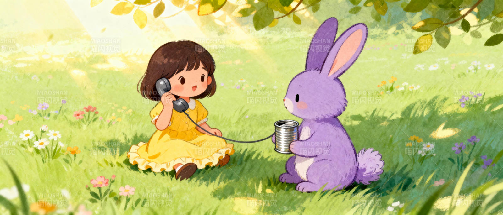 女孩与兔通话图片