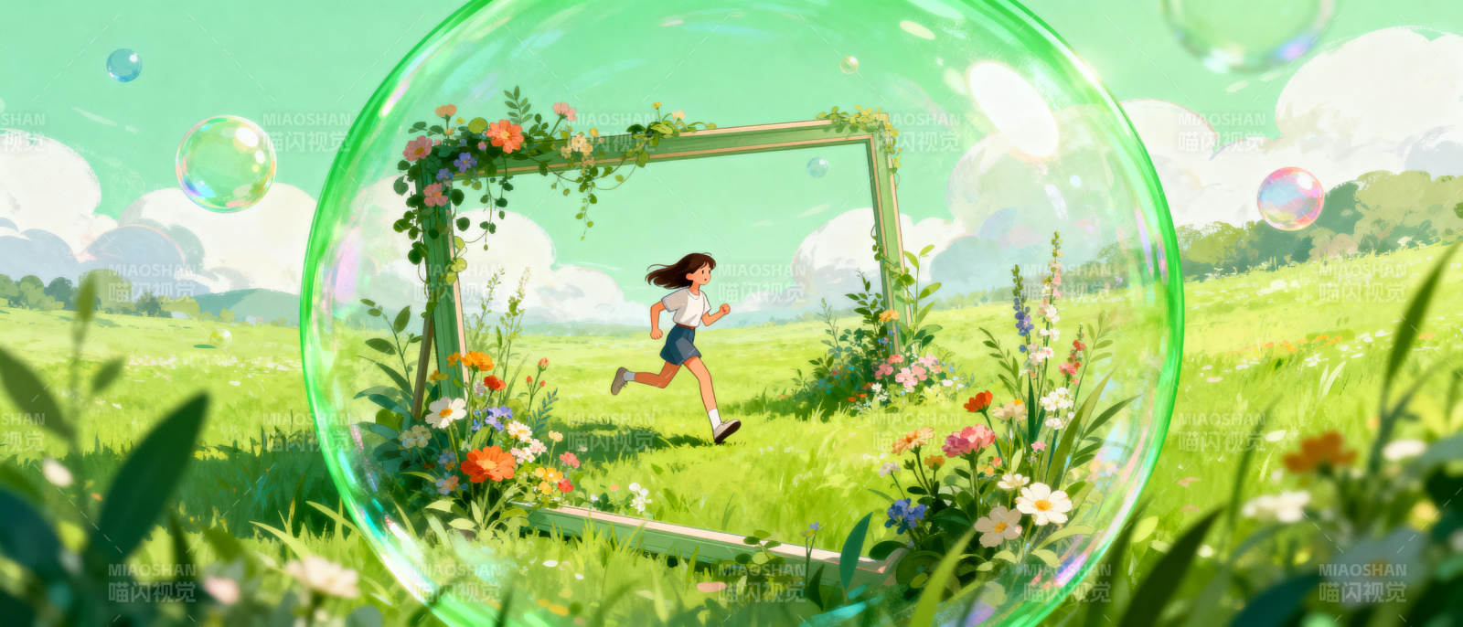 泡泡中的奔跑少女图片