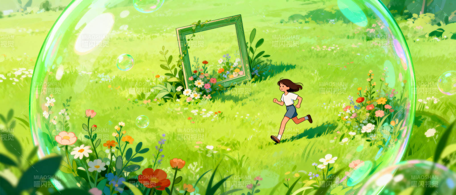 泡泡中的奔跑女孩图片