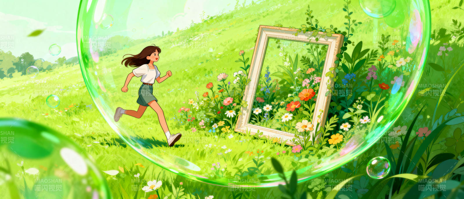 奔跑的少女与画框图片