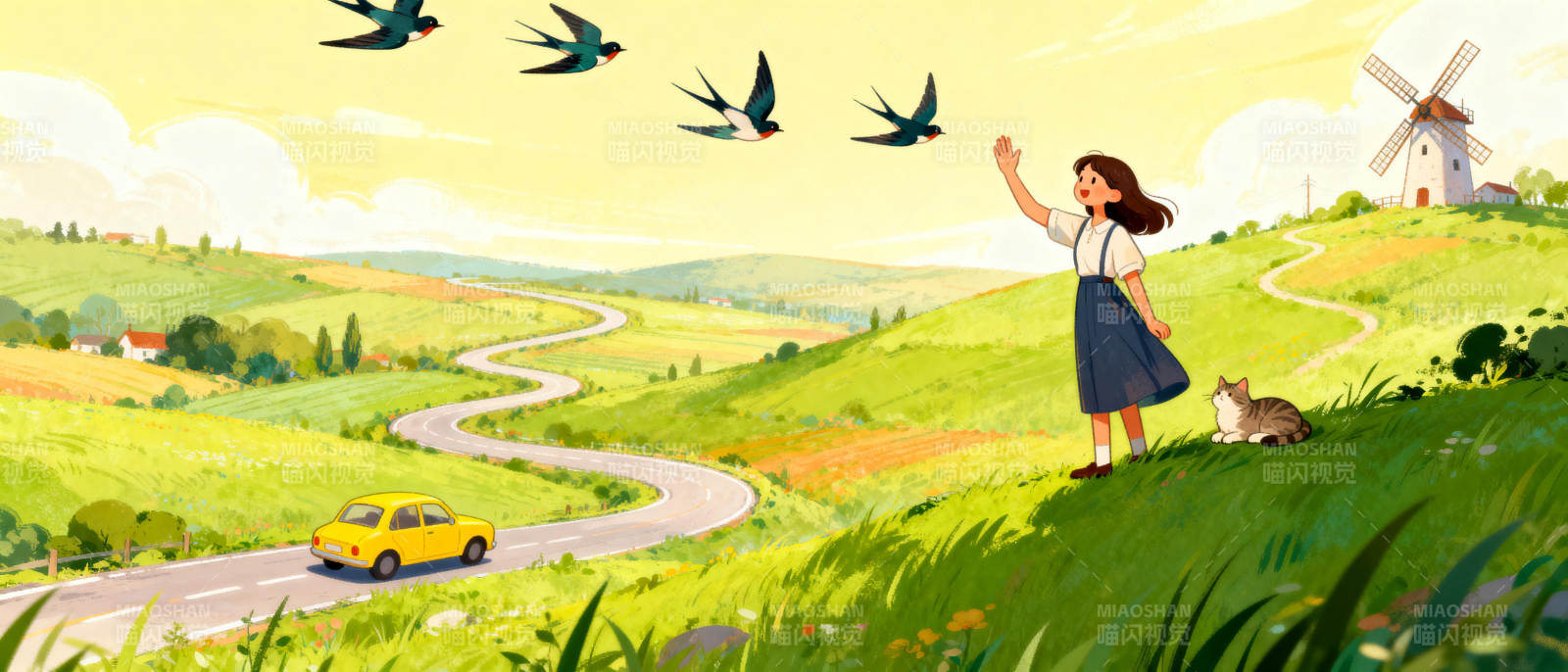 田园风光 女孩挥手图片