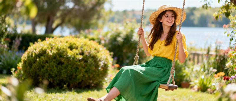 花园秋千上的微笑图片