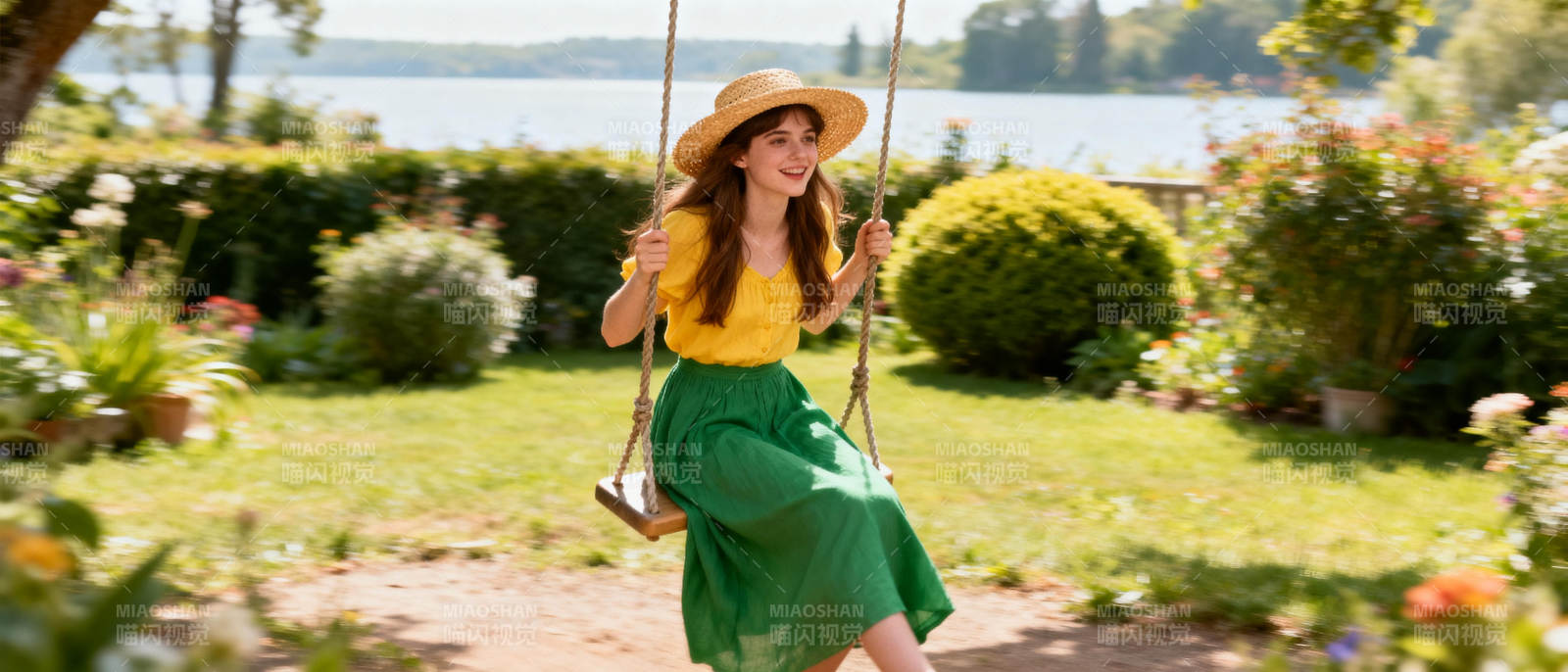 花园秋千上的女子图片