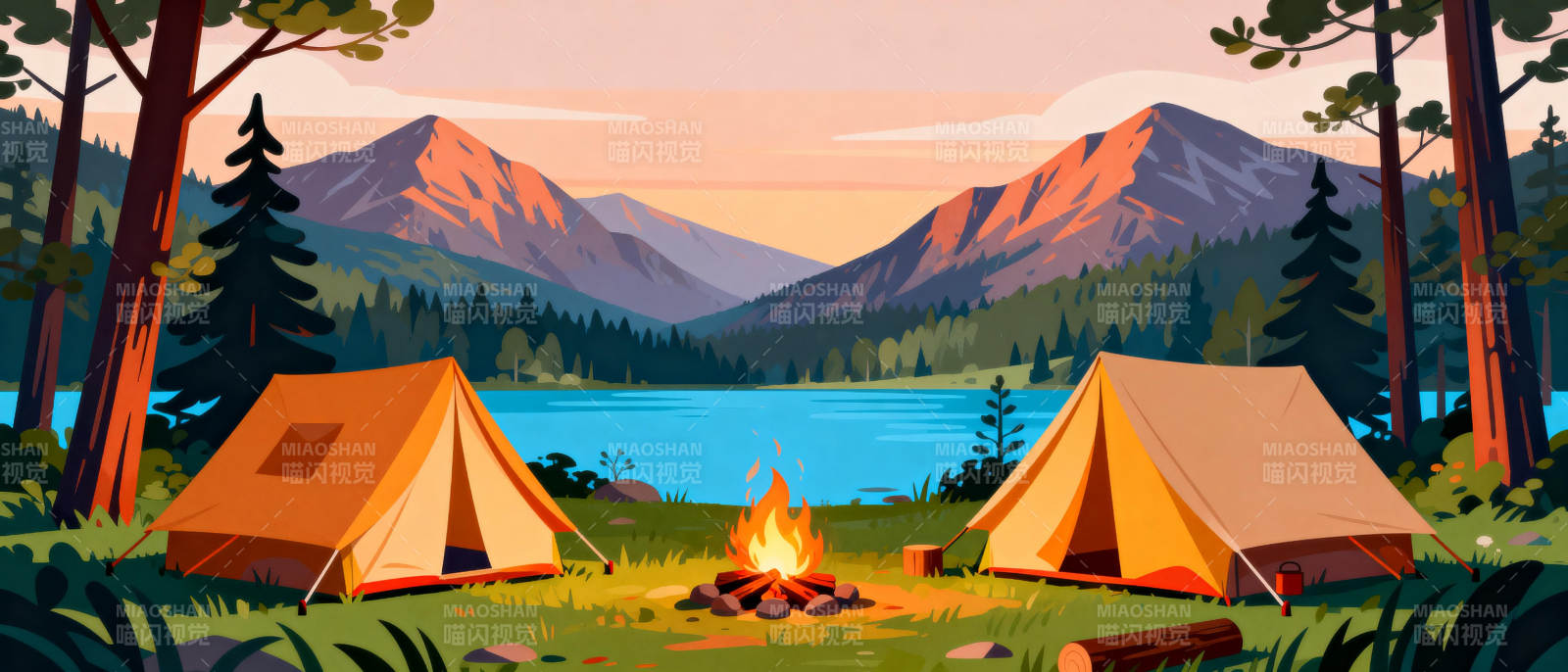 湖畔露营美景图片
