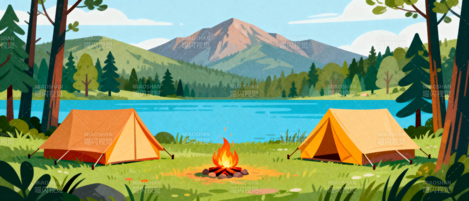 湖畔露营美景图片