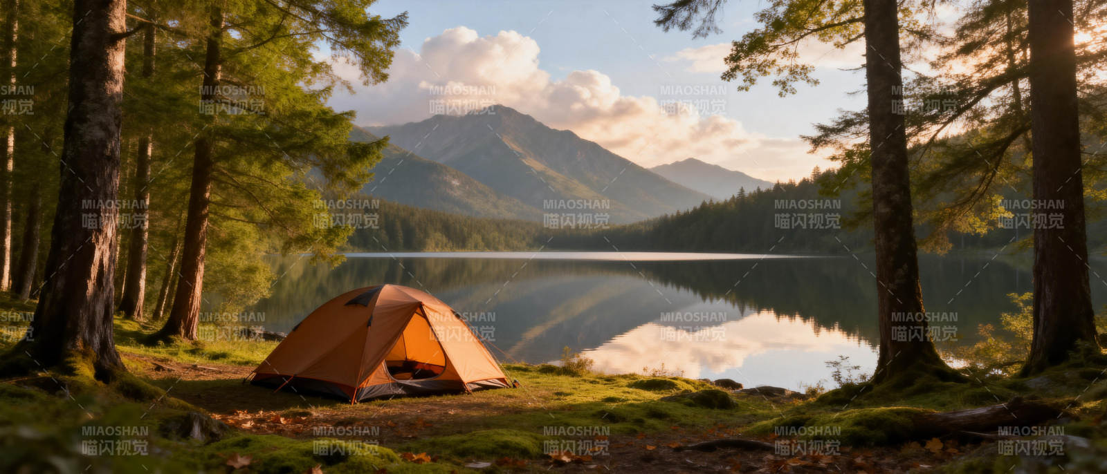 湖畔露营静谧山景图片