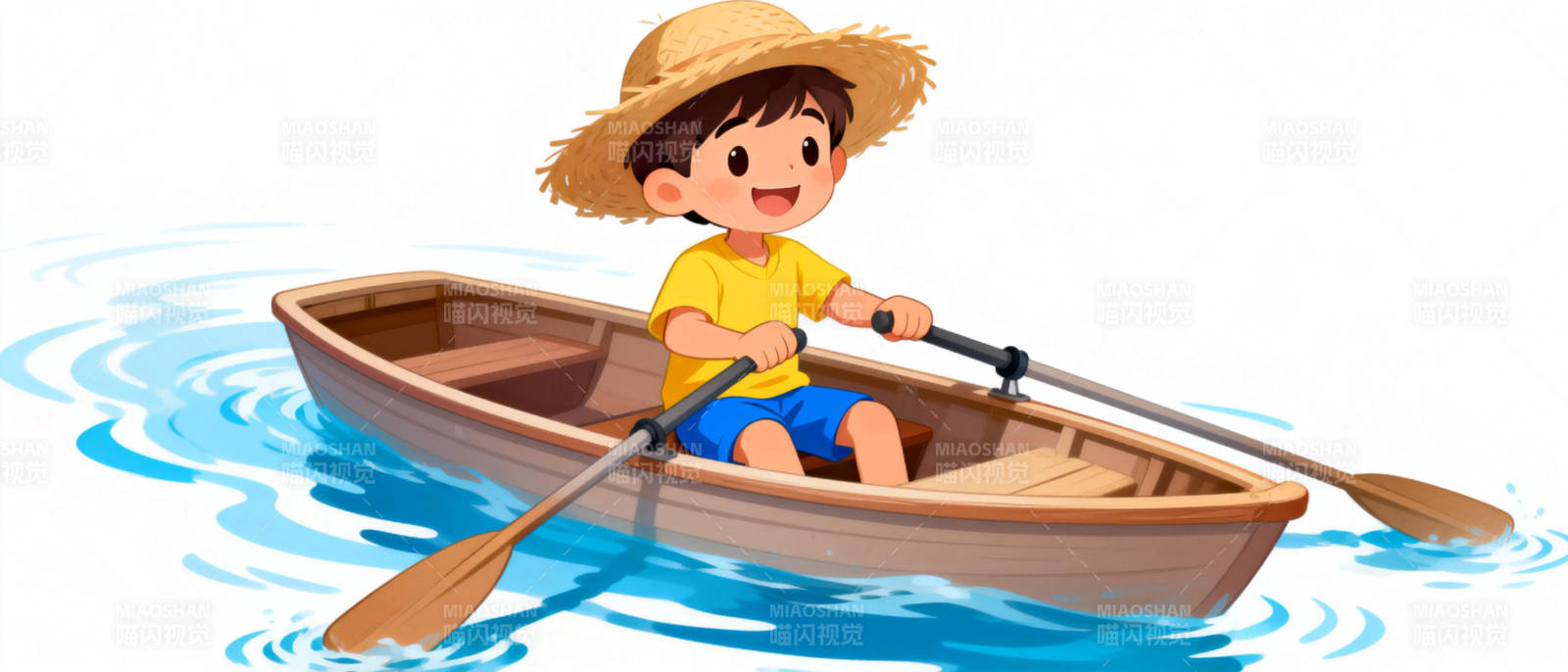 男孩划船水上行图片