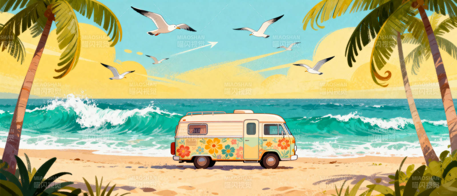 海滩上的彩色房车图片