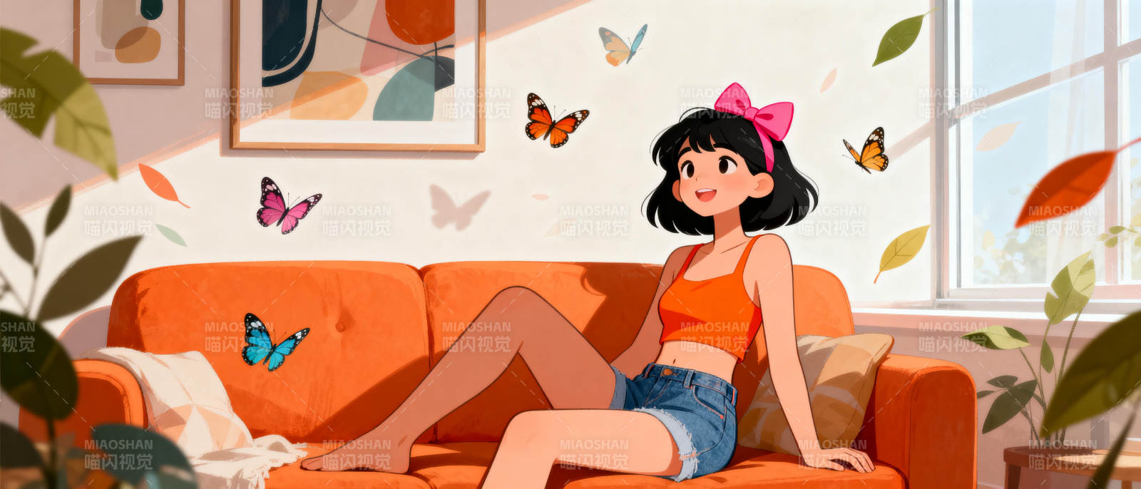 秋日沙发上的女孩图片