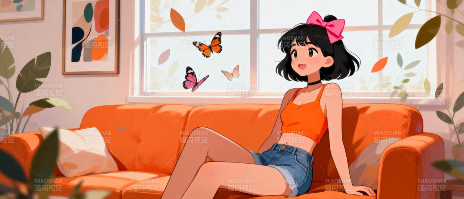 秋日沙发上的女孩图片