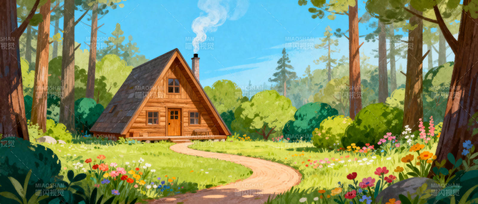 森林小屋春景图片