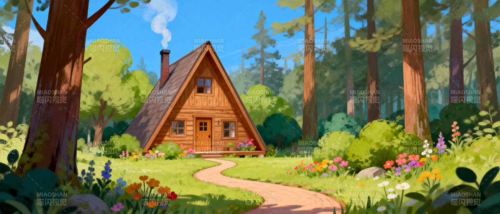 森林小屋春景图片