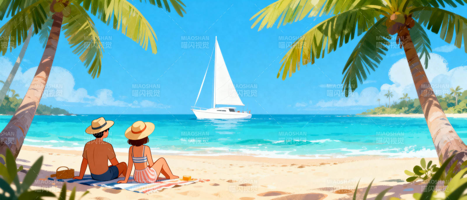 椰林沙滩情侣赏帆船图片
