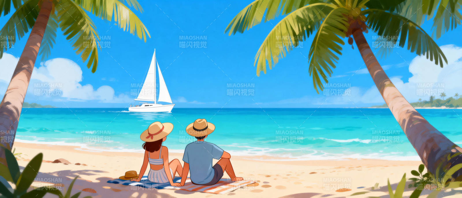 热带海滩情侣赏帆船图片