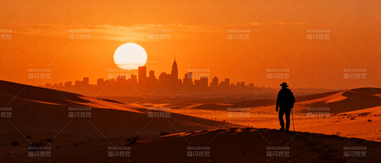 沙漠日落城市剪影图片