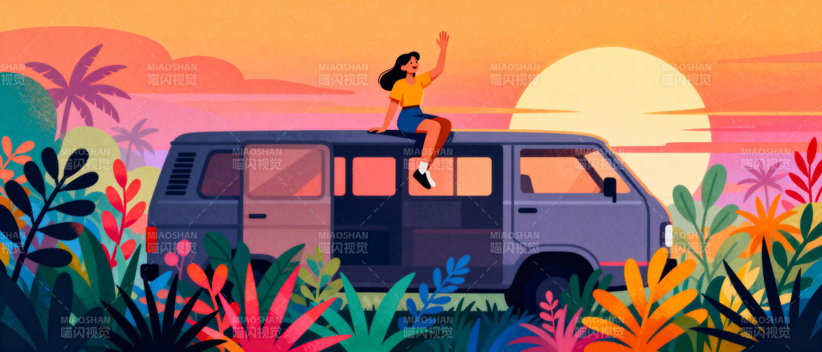 夕阳下的旅行车图片