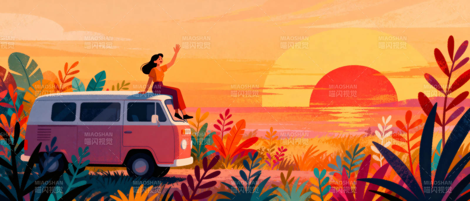 夕阳下的旅行车图片