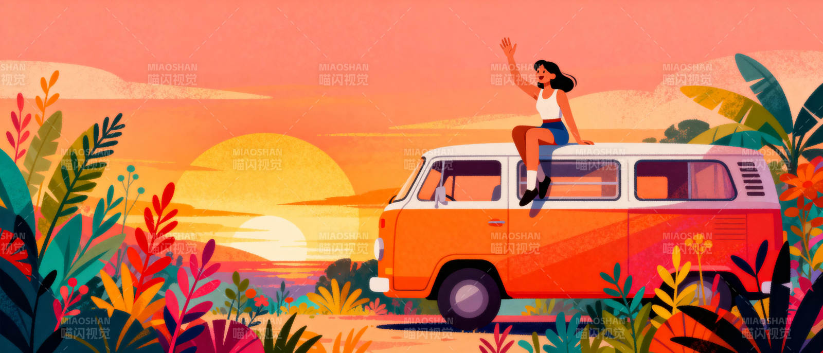 夕阳下的旅行车图片